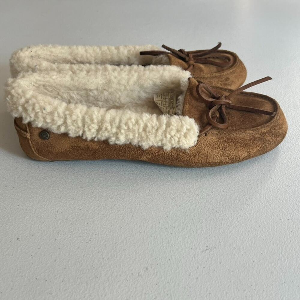 UGG Chestnut Suede Moccasin Slippers with Cream Shearling Lining - Picture 3 of 11